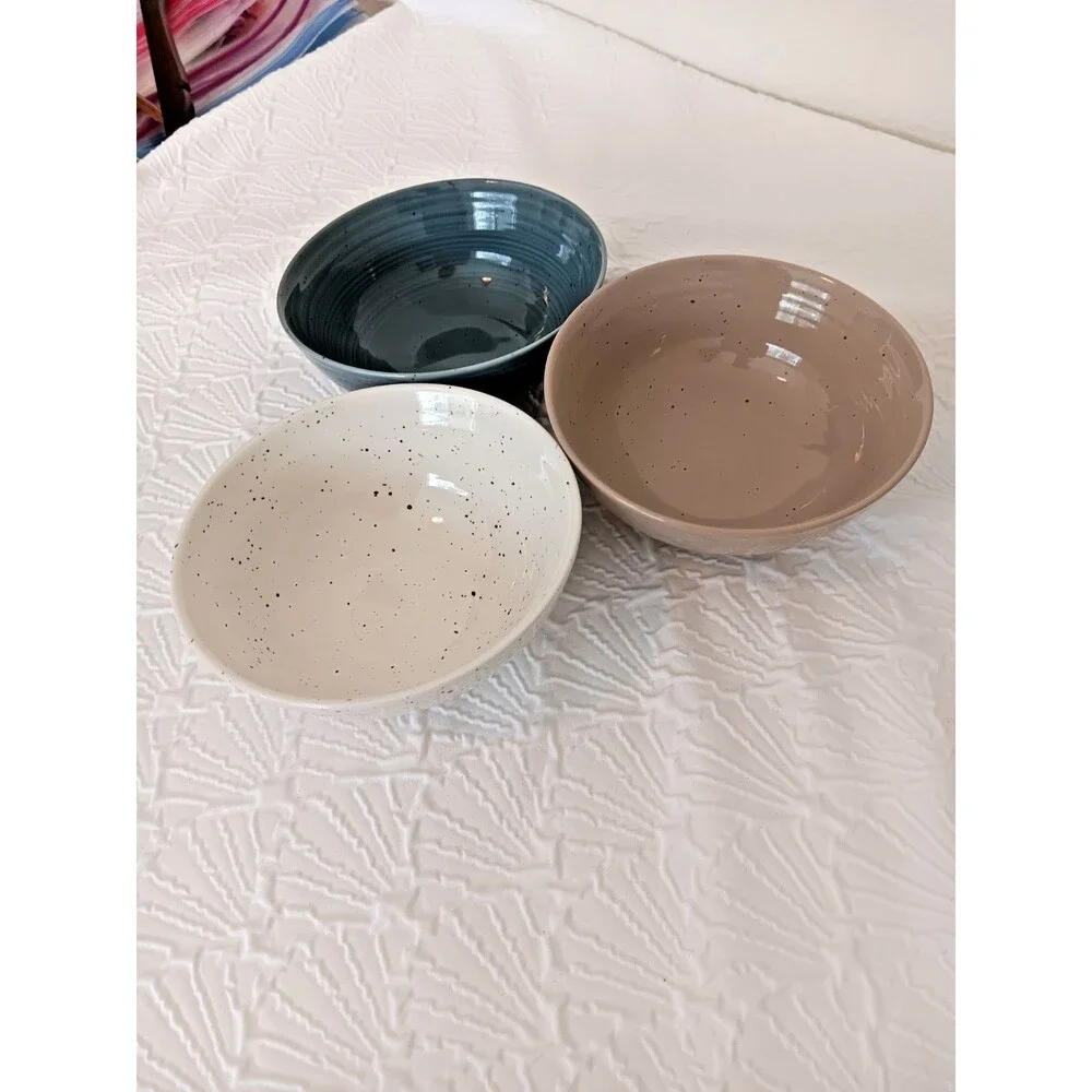 Sango Artist’s Blend Stoneware Salad Bowls Set of 3 Speckled Blue Taupe Cream